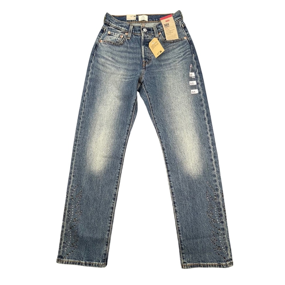 NWT Levi's Blue 501 Curve Embellished Straight Leg Stretch Jeans Women 26x30